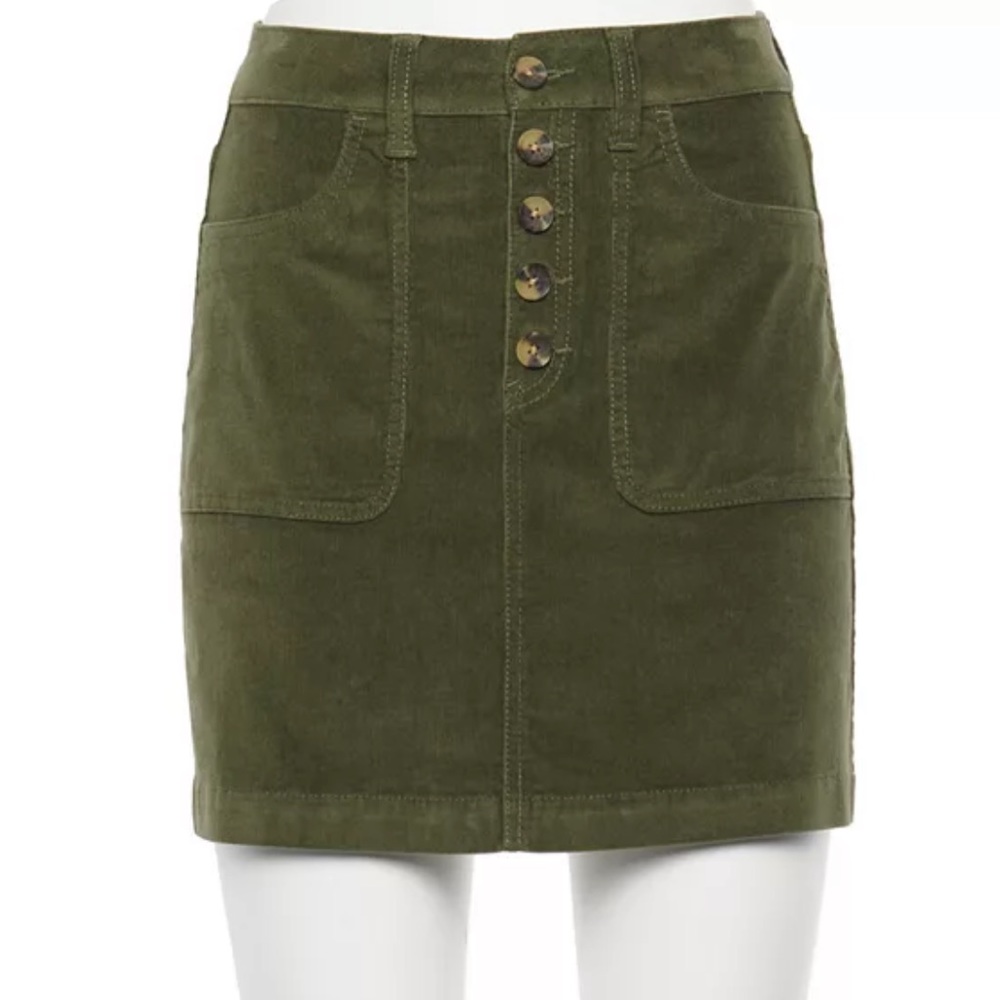 SO 7/28 W skirt green corduroy button up pockets pencil skirt